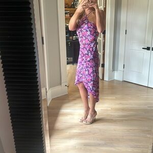 Vintage Express Purple/pink floral strappy sundress with high-low hem.  Sz 3/4